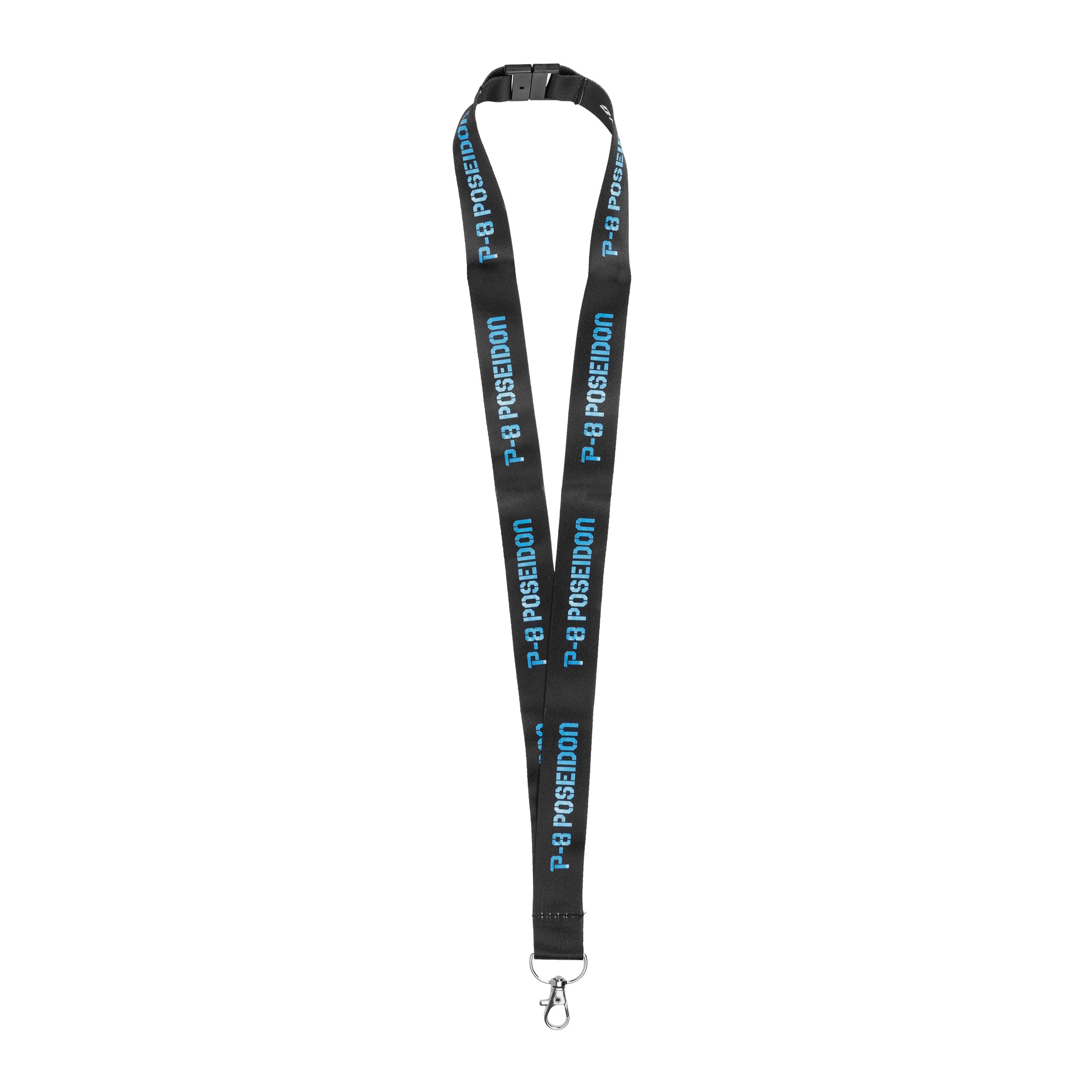 The Boeing P-8A Poseidon Graphic Lanyard by BOEING features a black strap with repeated blue "P-8A POSEIDON" text and a metal clasp, inspired by the iconic aircraft.