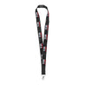 The BOEING Boeing T-7A Red Hawk Graphic Lanyard is black with a repeating white and red TFA logo inspired by the Red Hawk, and features a metal clasp hook at the end.