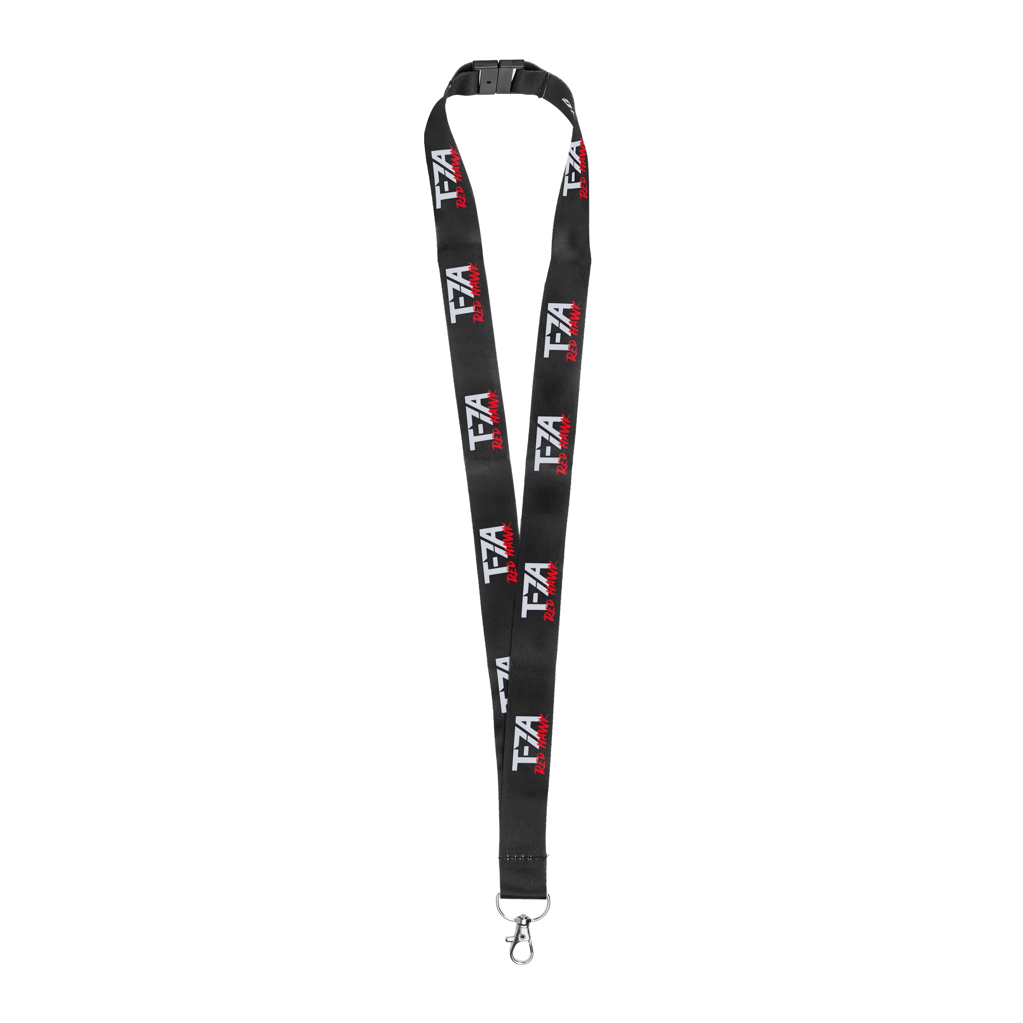 The BOEING Boeing T-7A Red Hawk Graphic Lanyard is black with a repeating white and red TFA logo inspired by the Red Hawk, and features a metal clasp hook at the end.