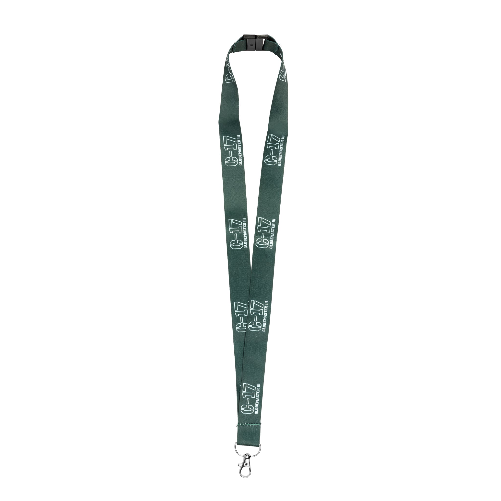 The Boeing C-17 Globemaster III Graphic Lanyard by BOEING is green with a plastic buckle, sturdy metal clip, and white C-17 Globemaster III text printed along its length—ideal for aviation enthusiasts.