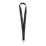 The Boeing CST-100 Starliner Graphic Lanyard by BOEING features a black strap with white and blue repeating graphics and a metal hook—ideal for space fans and Boeing enthusiasts alike.