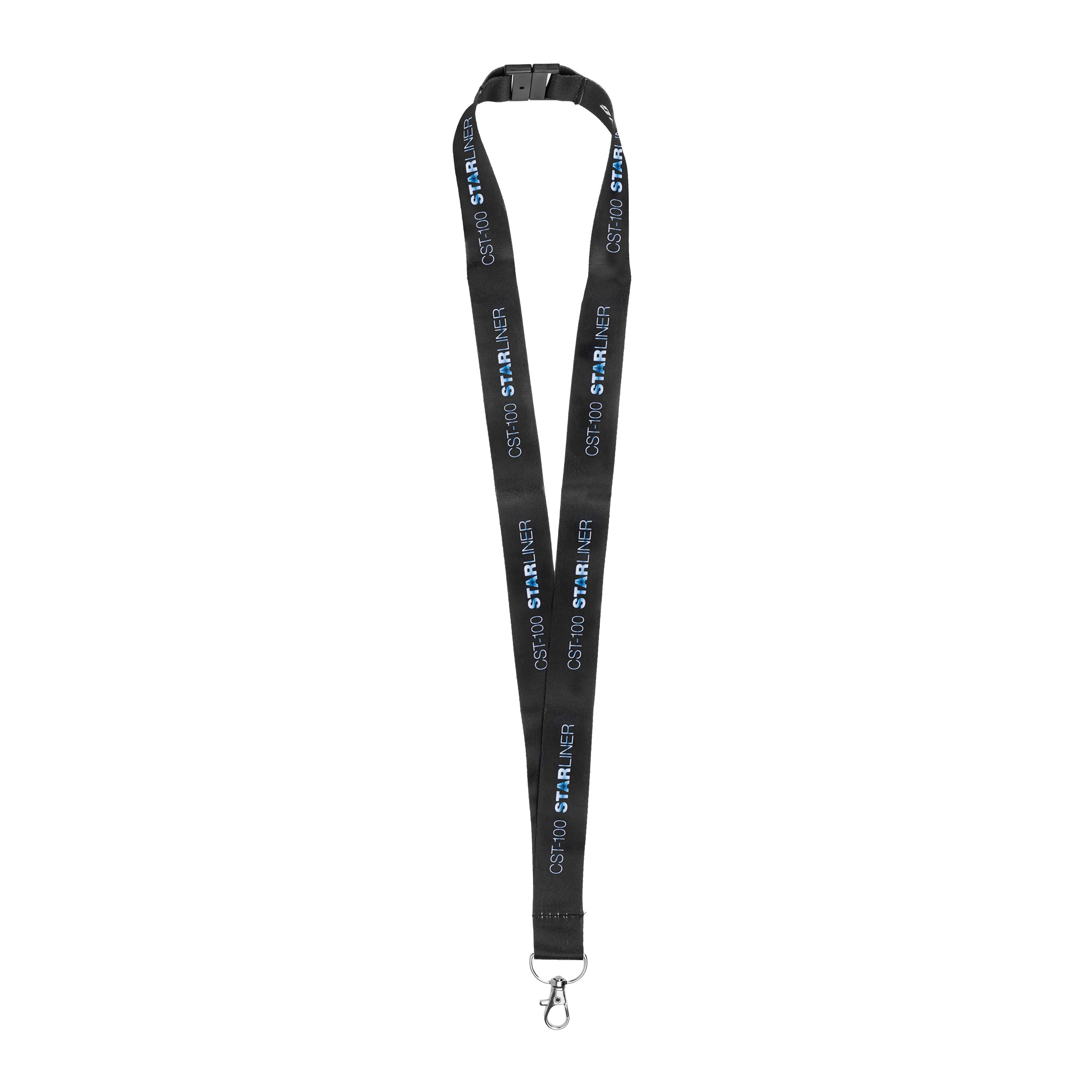 The Boeing CST-100 Starliner Graphic Lanyard by BOEING features a black strap with white and blue repeating graphics and a metal hook—ideal for space fans and Boeing enthusiasts alike.