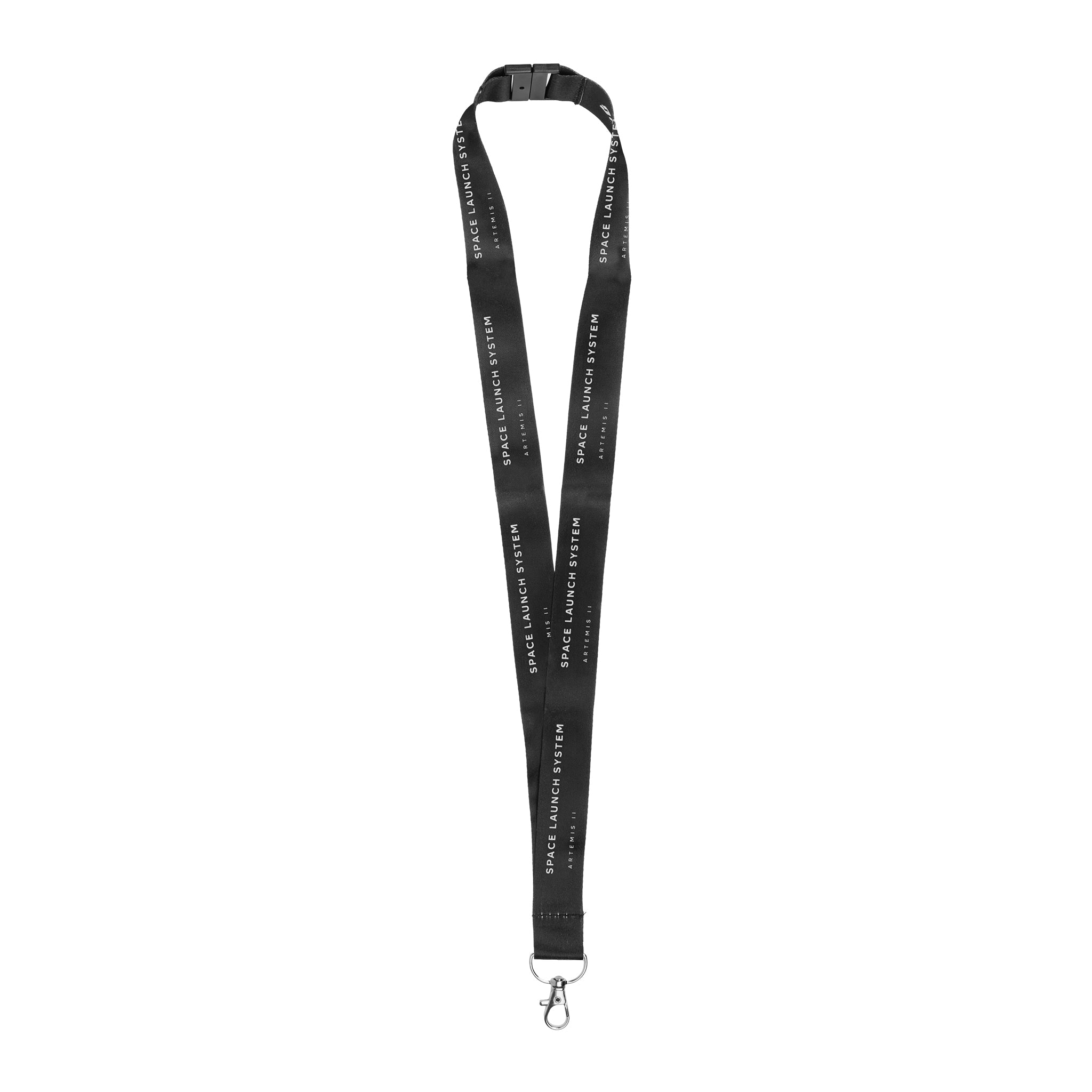 The Boeing SLS Artemis II Graphic Lanyard by BOEING is a black lanyard with white text, featuring a plastic top clip and metal hook—ideal for space enthusiasts and fans of the Artemis II mission.