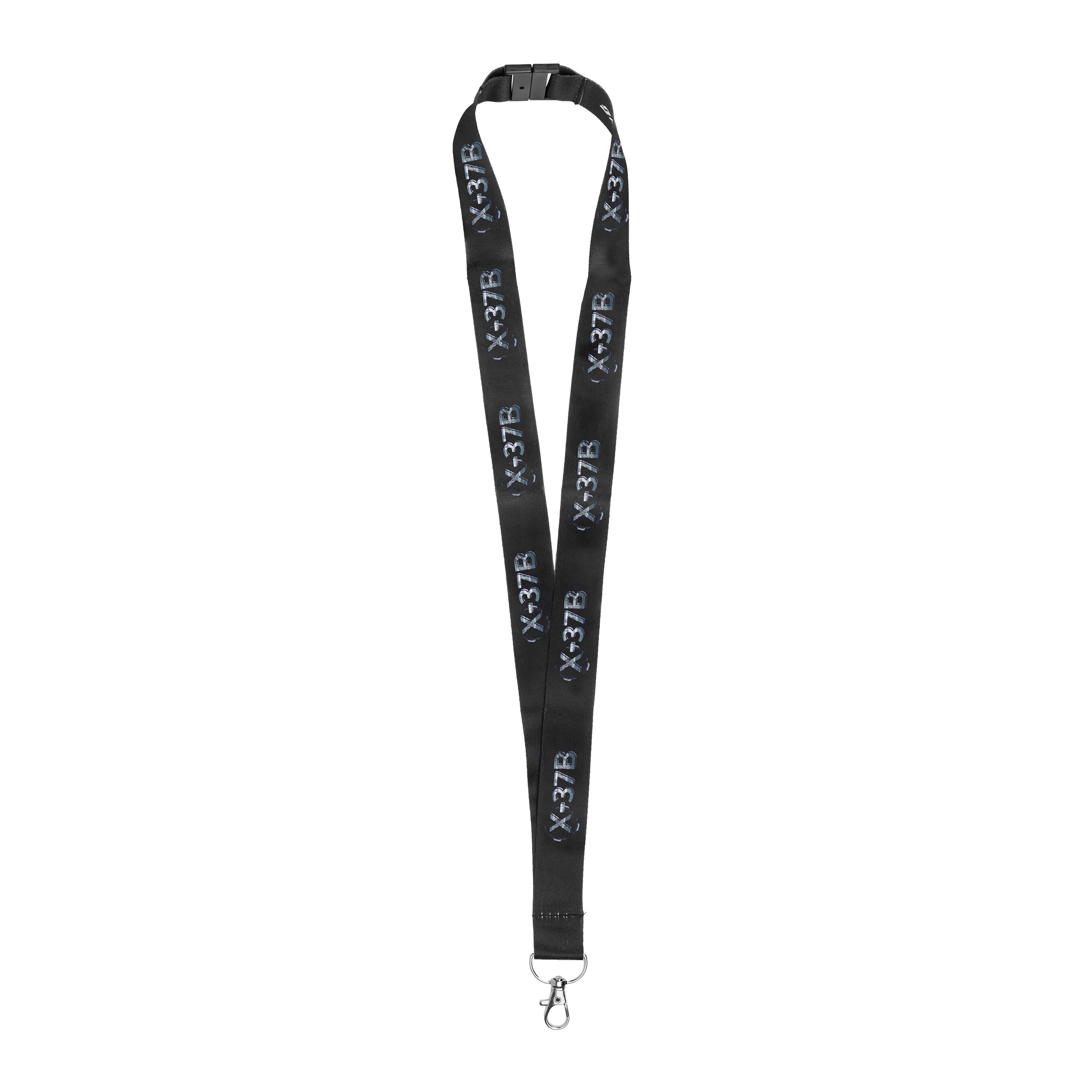 Display your Boeing pride with the BOEING X-37B Orbital Test Vehicle Graphic Lanyard, featuring a sleek black design, repeating white graphics, and a metal clip—perfect for badges or keys and honoring spaceflight innovation.