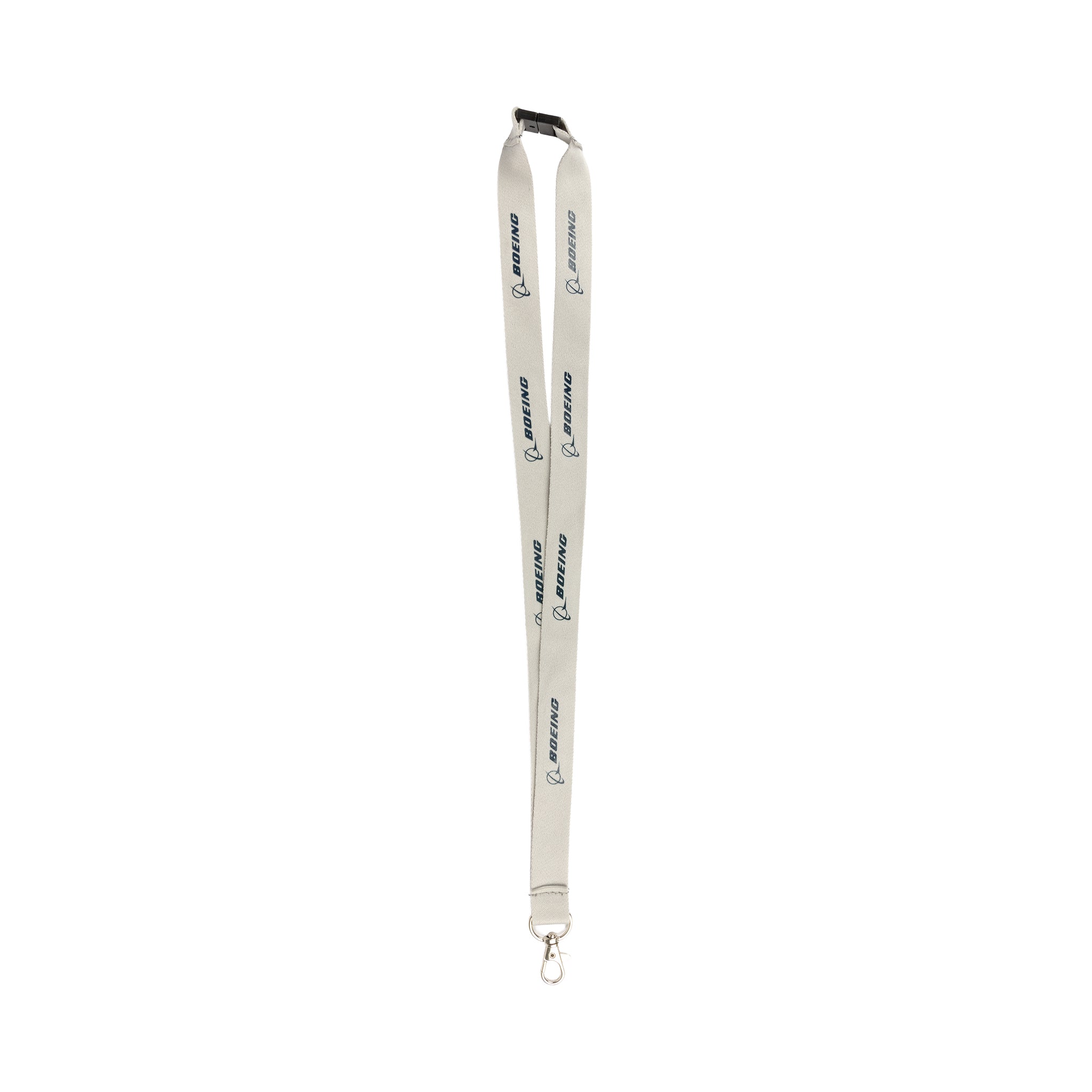 Introducing the Boeing 767 Series Lanyard by BOEING: This gray lanyard showcases the blue BOEING logo printed repeatedly along its length. It features a black plastic safety buckle at the top and a silver metal swivel clip at the bottom. Ideal for aviation enthusiasts, this lanyard is presented against a plain white background.
