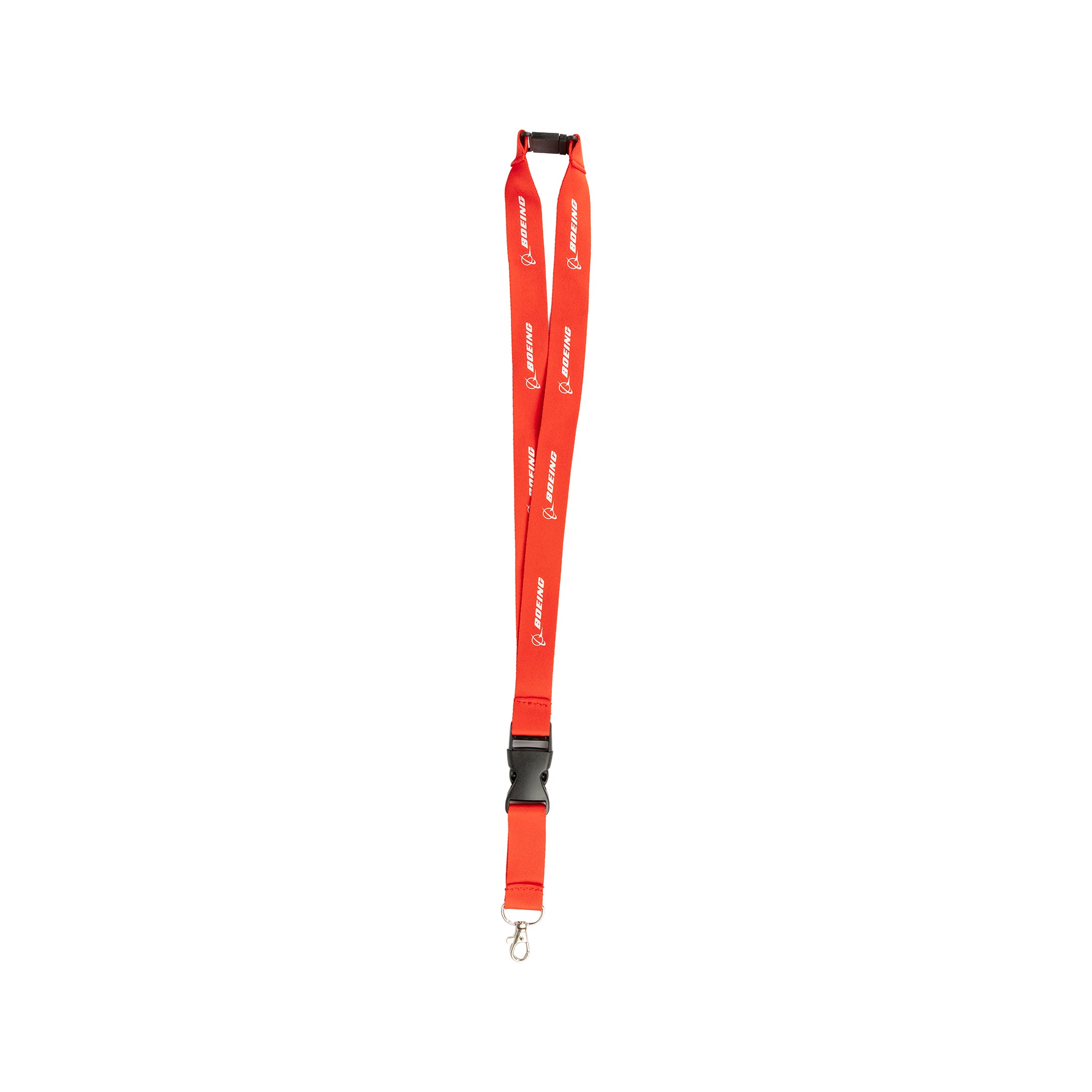 Introducing the Boeing Remembering Those Who Served Lanyard by BOEING: a commemorative red lanyard featuring "Remembering Those Who Served" repeatedly printed in white text. It includes a black buckle, metal clip at the end, and a safety breakaway for added security.