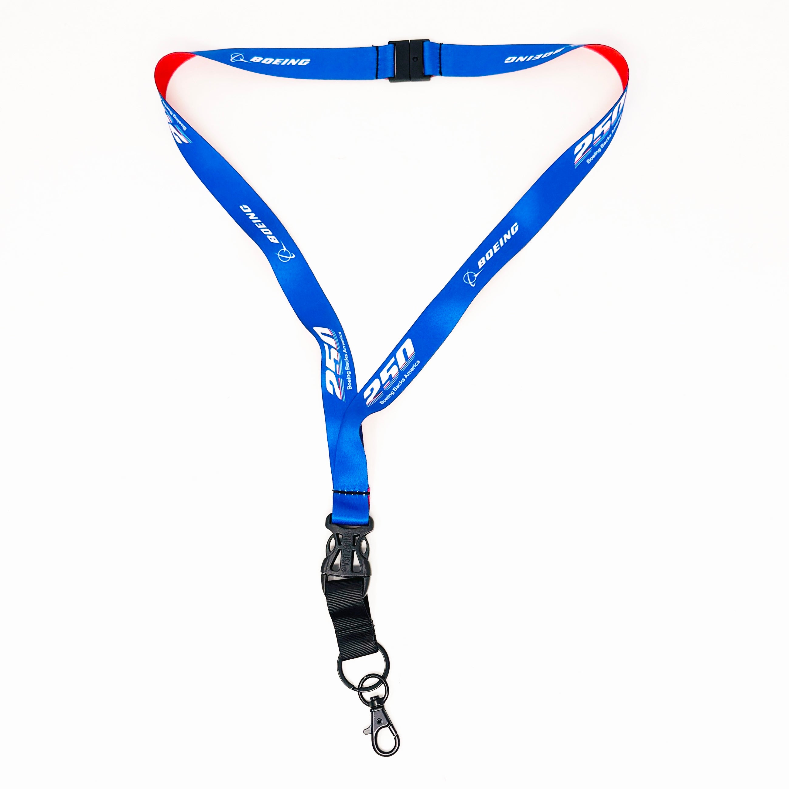 The Boeing America 250 Lanyard by BOEING features blue and red colors with "America 250" printed in white, plus a black plastic clip and metal swivel hook for attaching your badge holder.