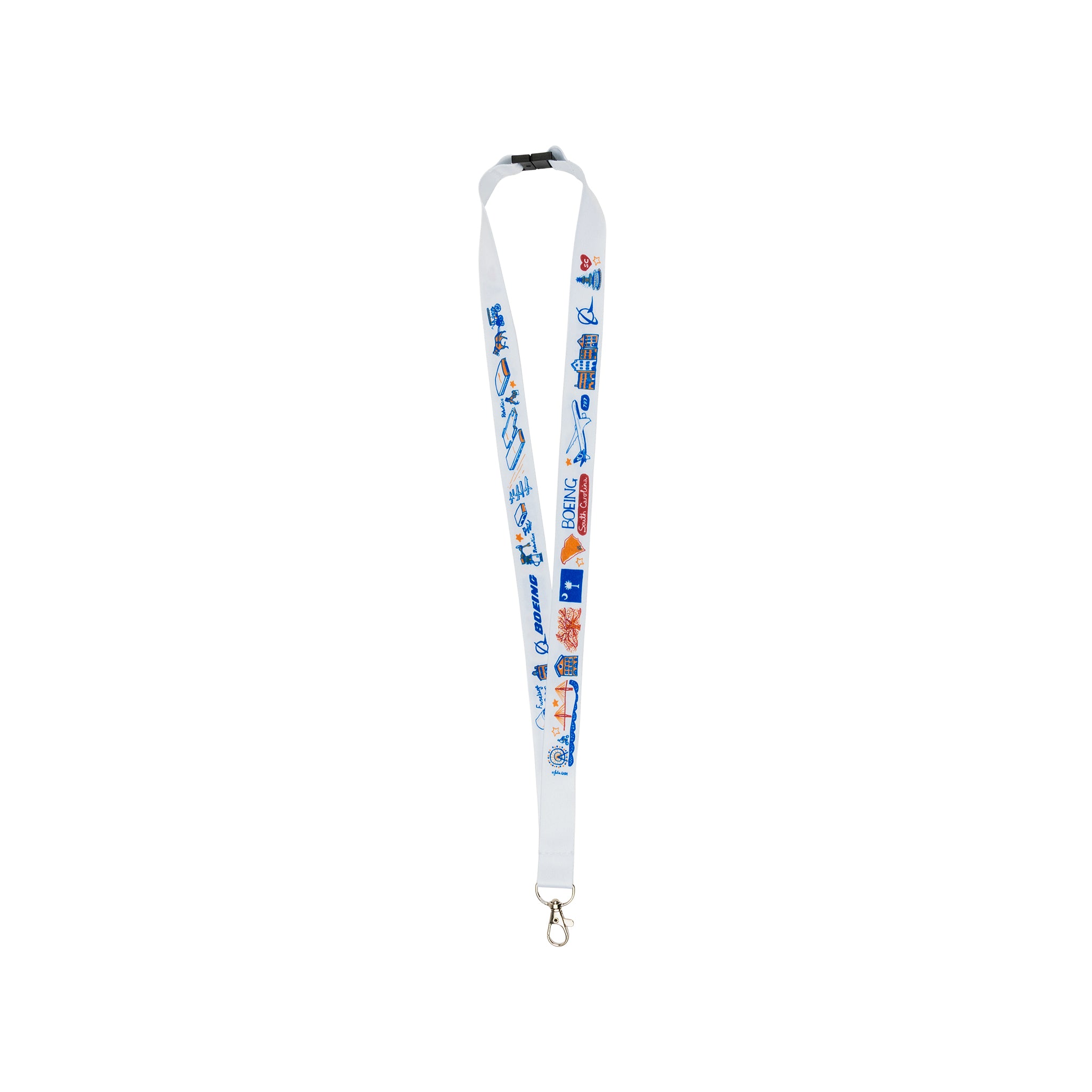 Introducing the Boeing South Carolina Destination Lanyard by BOEING—a white custom polyester lanyard adorned with blue and red graphics, including text, icons, and images. It features a black plastic clasp and a metal key ring at the bottom.
