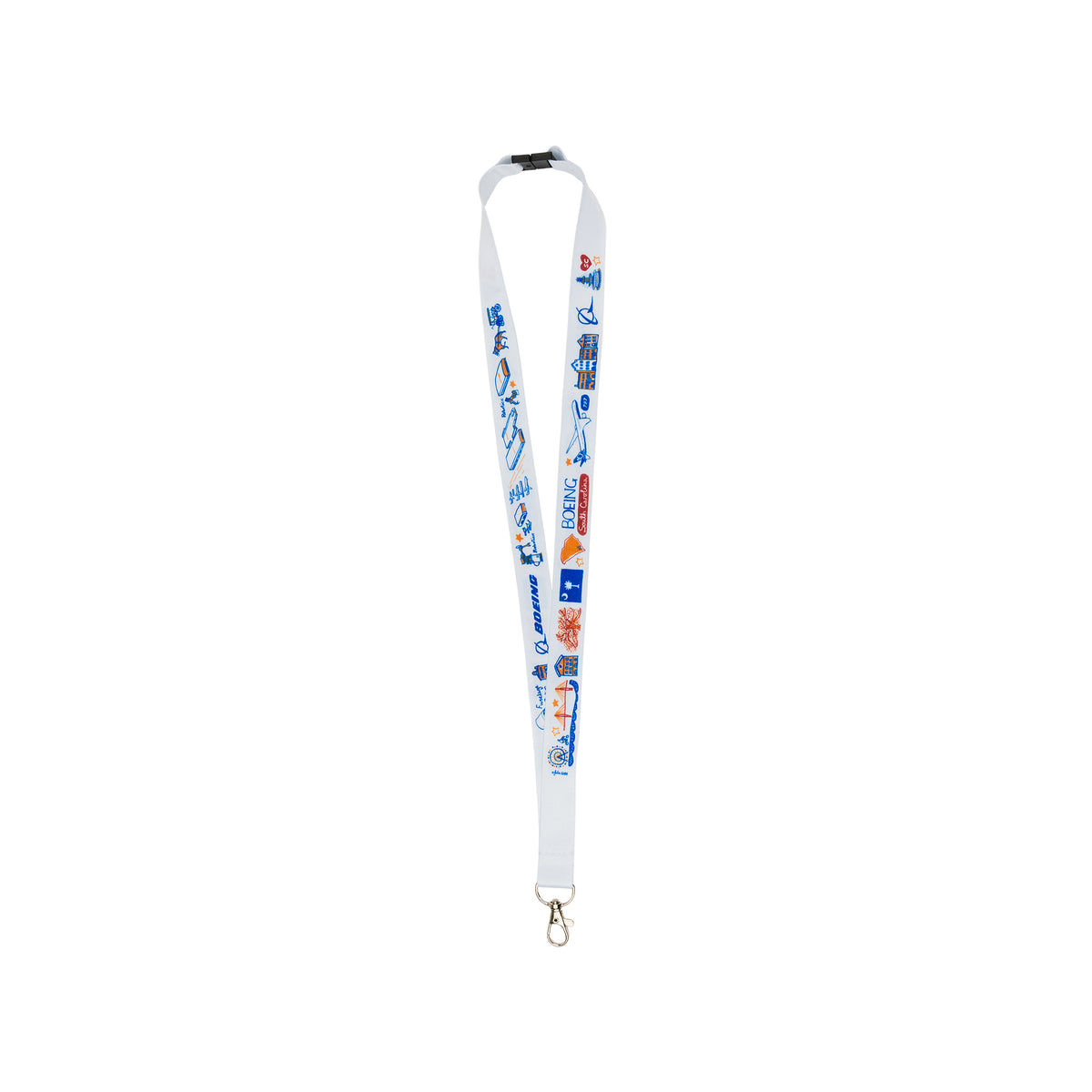 Introducing the Boeing South Carolina Destination Lanyard by BOEING—a white custom polyester lanyard adorned with blue and red graphics, including text, icons, and images. It features a black plastic clasp and a metal key ring at the bottom.