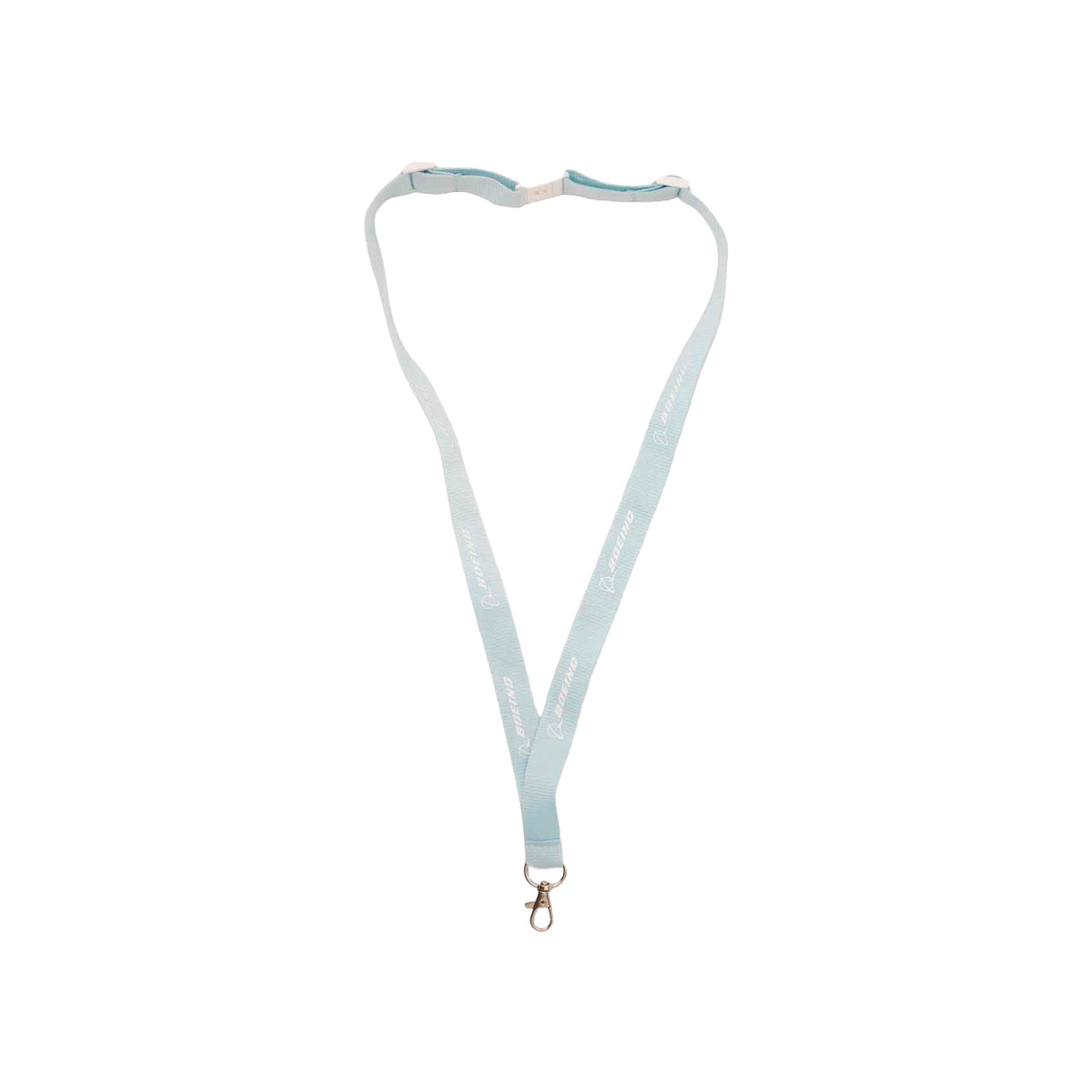 The Boeing Signature Adjustable Lanyard by BOEING features a light blue strap with white printed text, an adjustable buckle at the top, and a metal clasp at the end. It is displayed on a white background.