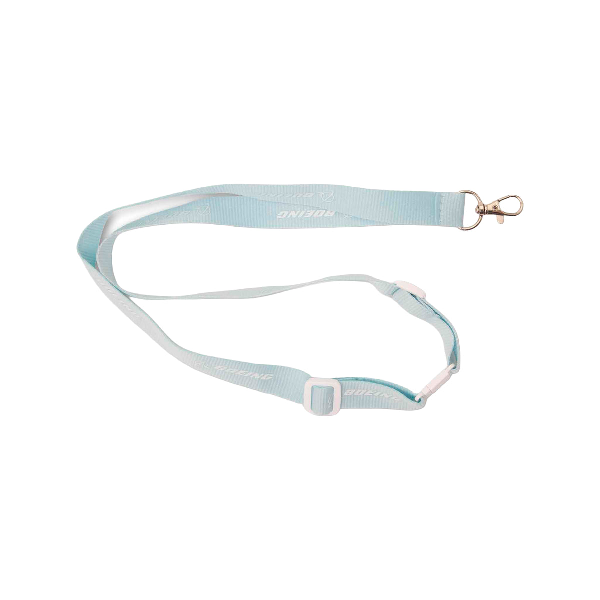 A Boeing Signature Adjustable Lanyard by BOEING, featuring a light blue color, metal swivel clasp, and safety breakaway buckle, displayed on a white background.