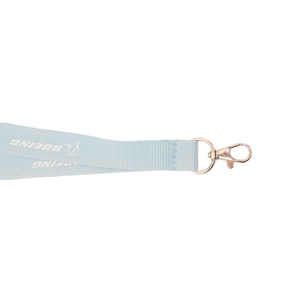 Introducing the Boeing Signature Adjustable Lanyard by BOEING—a light blue lanyard with a silver metal clasp, white printed Boeing logo, and a safety breakaway buckle for enhanced convenience and security.