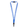 Boeing Stripe Lanyard featuring blue and white stripes, a breakaway buckle, a plastic clasp, and a black metal swivel hook for an ID badge holder.