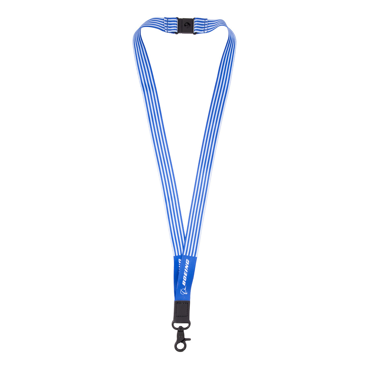 Boeing Stripe Lanyard featuring blue and white stripes, a breakaway buckle, a plastic clasp, and a black metal swivel hook for an ID badge holder.