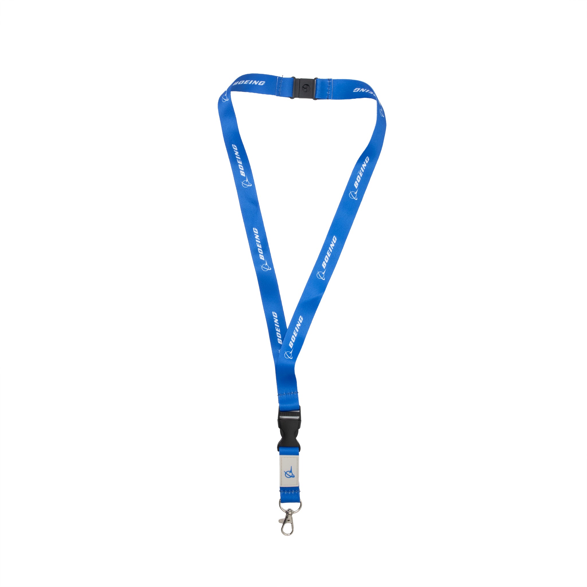 The BOEING Raised Symbol Lanyard is displayed on a white background, featuring blue fabric with white BOEING text and logos. It is equipped with a black plastic safety breakaway buckle and a silver metal clip at the end. Designed for industrial-grade durability, this lanyard offers both security and reliability.