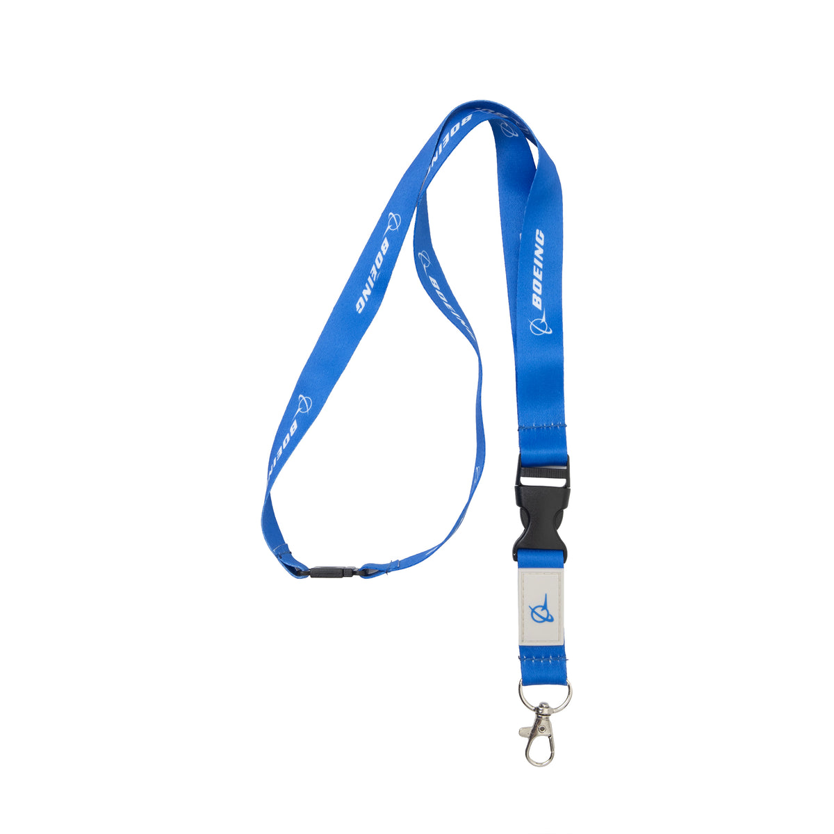 The Boeing Raised Symbol Lanyard by BOEING, featuring a blue design with a white sublimation print logo, metal lobster clasp, plastic safety breakaway buckle, and safety breakaway clip, is shown laid flat on a white background.