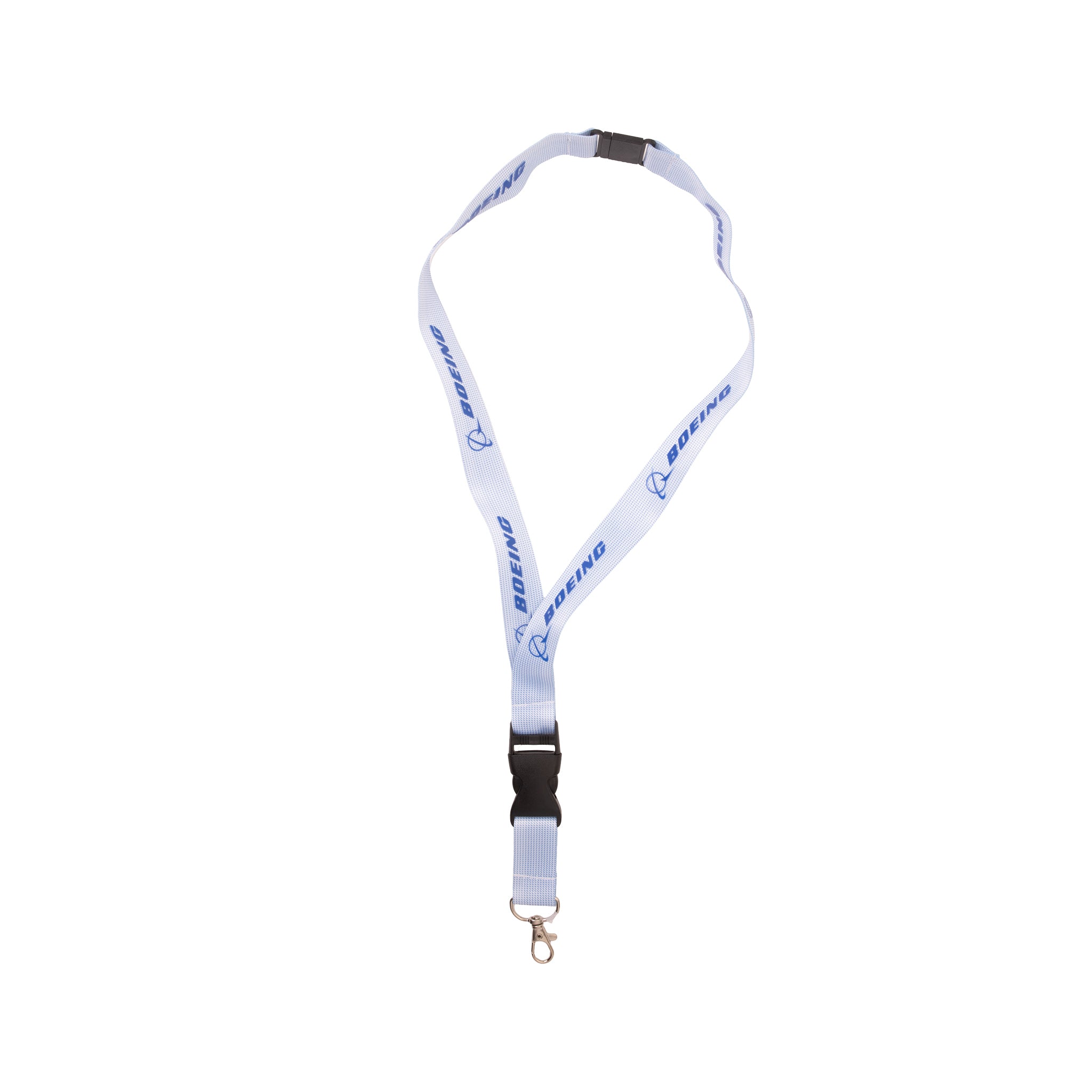 The Boeing 37 Degree Lanyard by BOEING is a white lanyard with a metal clip and a black plastic safety breakaway buckle, featuring the blue Boeing logo and text in a repeated sublimation print design along its length. It is shown against a white background.