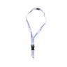 The Boeing 37 Degree Lanyard by BOEING is a white lanyard with a metal clip and a black plastic safety breakaway buckle, featuring the blue Boeing logo and text in a repeated sublimation print design along its length. It is shown against a white background.