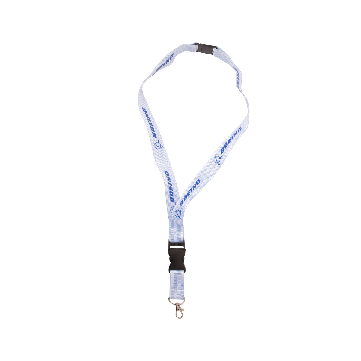The Boeing 37 Degree Lanyard by BOEING is a white lanyard with a metal clip and a black plastic safety breakaway buckle, featuring the blue Boeing logo and text in a repeated sublimation print design along its length. It is shown against a white background.