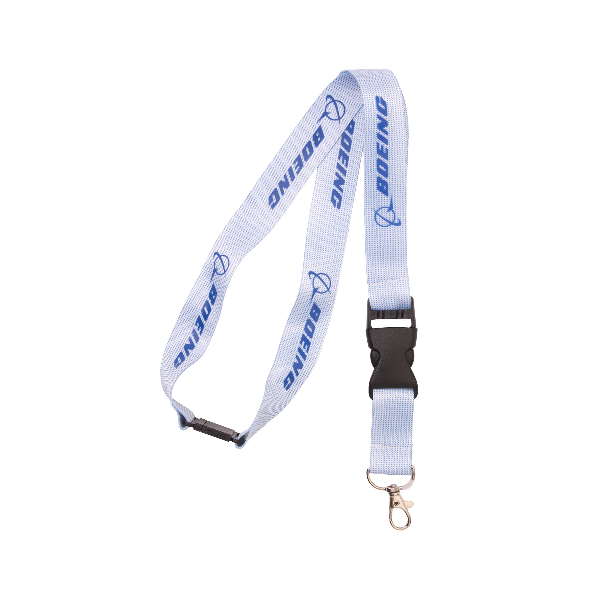 Introducing the Boeing 37 Degree Lanyard by BOEING—a white lanyard featuring the BOEING name and logo printed in blue with high-quality sublimation. It comes equipped with a black plastic safety breakaway buckle and a durable metal clip, perfect for securely holding your ID or badge.