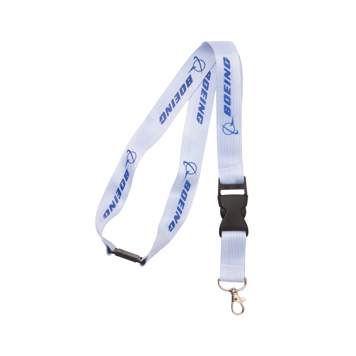 Introducing the Boeing 37 Degree Lanyard by BOEING—a white lanyard featuring the BOEING name and logo printed in blue with high-quality sublimation. It comes equipped with a black plastic safety breakaway buckle and a durable metal clip, perfect for securely holding your ID or badge.
