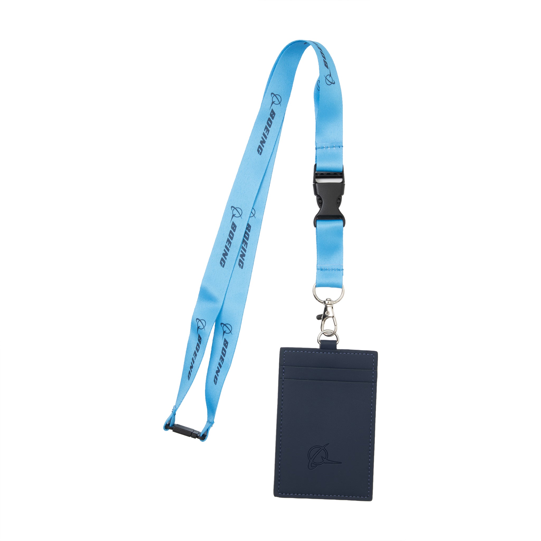 A BOEING Lanyard With Badge Holder featuring a durable blue polyester strap and matching detachable navy blue badge holder, shown against a white background.