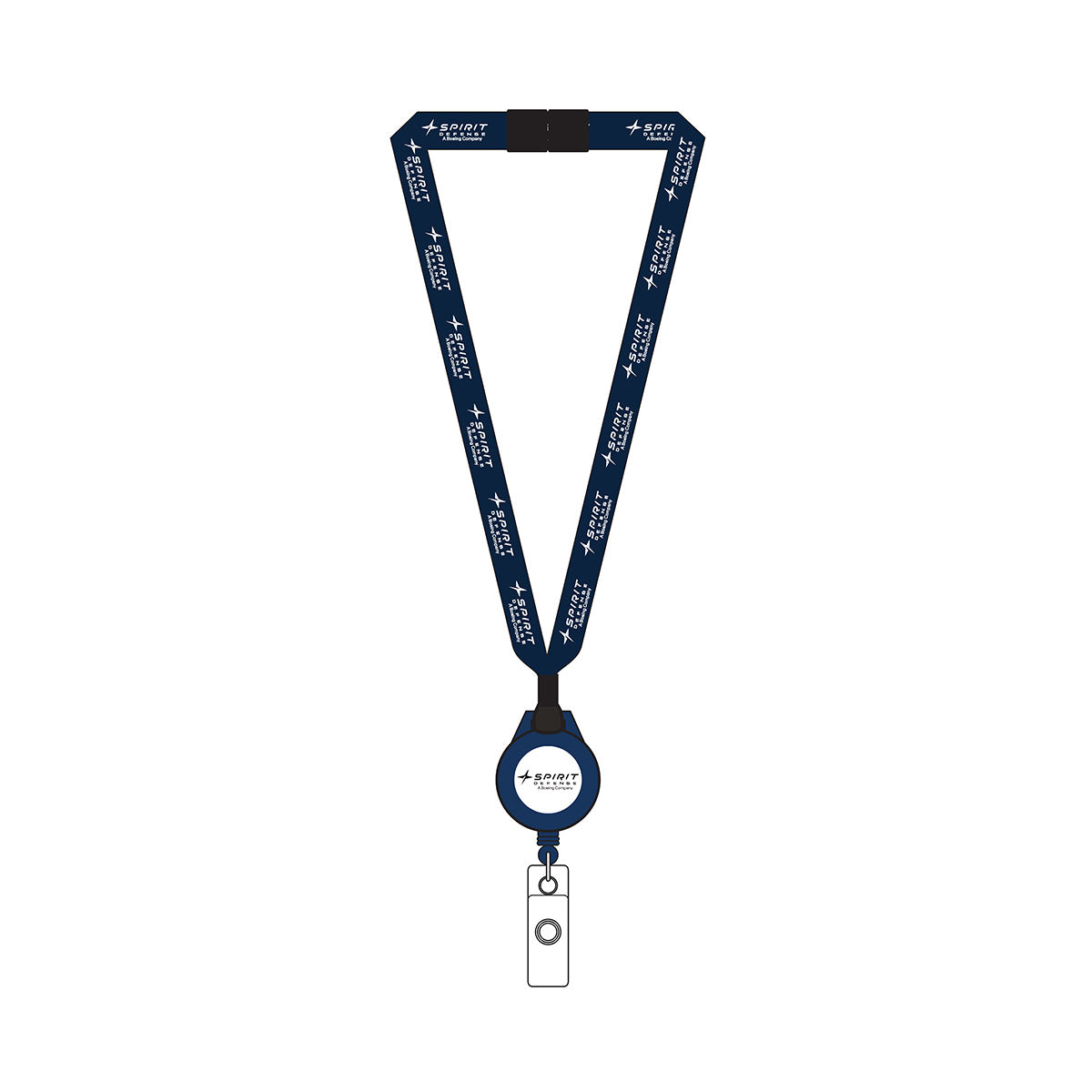 The Boeing Spirit Defense Retractable Badge Lanyard by BOEING is a navy blue lanyard with white text and logos, featuring a round retractable badge reel and an ID card clip—perfect for security professionals.