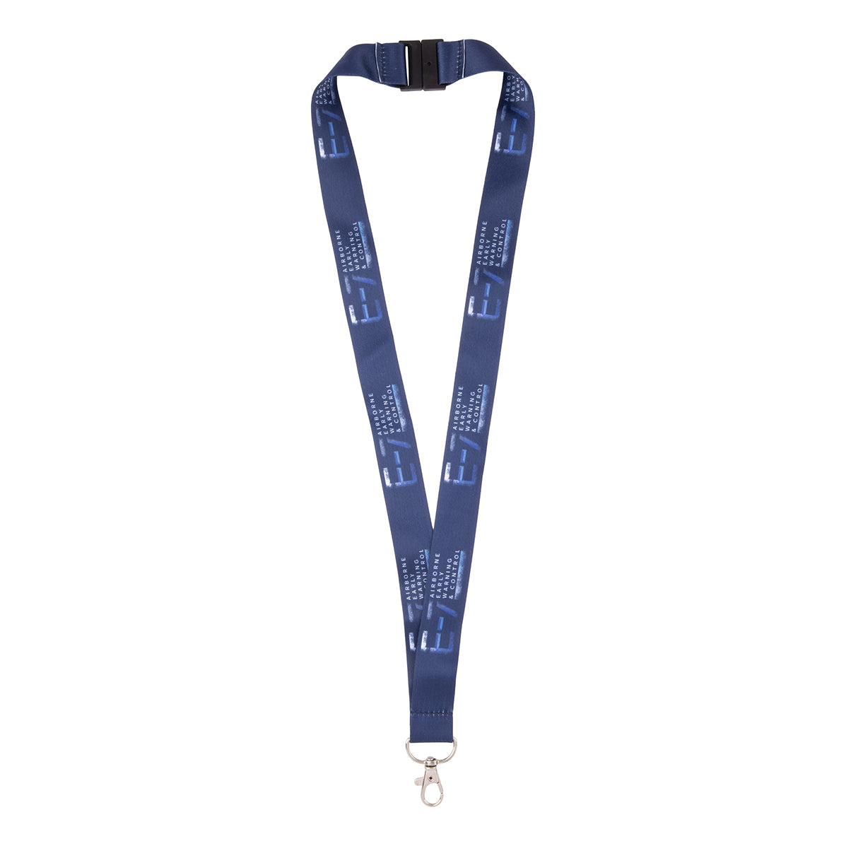 Blue Boeing E-7 Wedgetail Graphic Lanyard with a repeating white pattern of the text E-7 Airborne Warning & Control and a metal swivel hook.