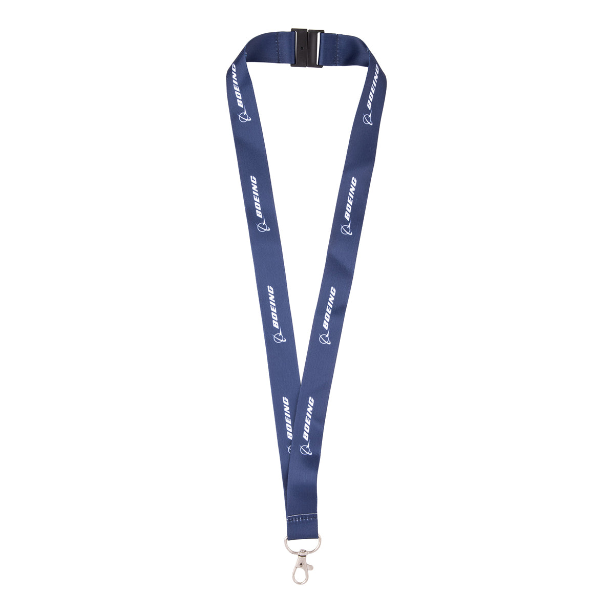 Blue Boeing E-7 Wedgetail Graphic Lanyard with the white Boeing logo and name repeated along the strap, featuring a black plastic buckle and a metal lobster clasp.