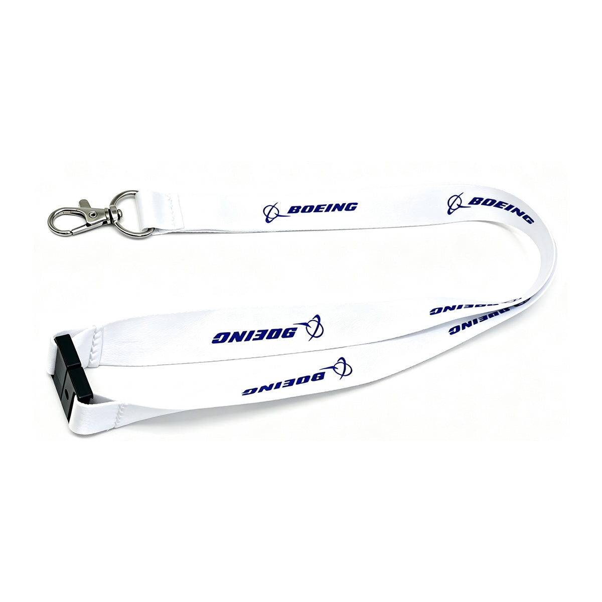 Celebrate 15 years of innovation with the Boeing 787 Dreamliner 15 Year Anniversary Lanyard by BOEING—a white aviation lanyard featuring BOEING and logo printed in blue, a metal swivel clasp, and a black plastic buckle attachment—an ideal pilot lanyard inspired by the pioneering spirit of the Dreamliner.