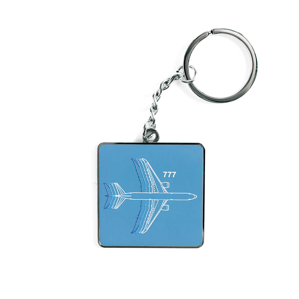 The Boeing Stores Boeing 777 Motion Keychain features a blue square design with a white outline of the Boeing 777 from above, attached to a silver metal ring—ideal for aerospace enthusiasts.