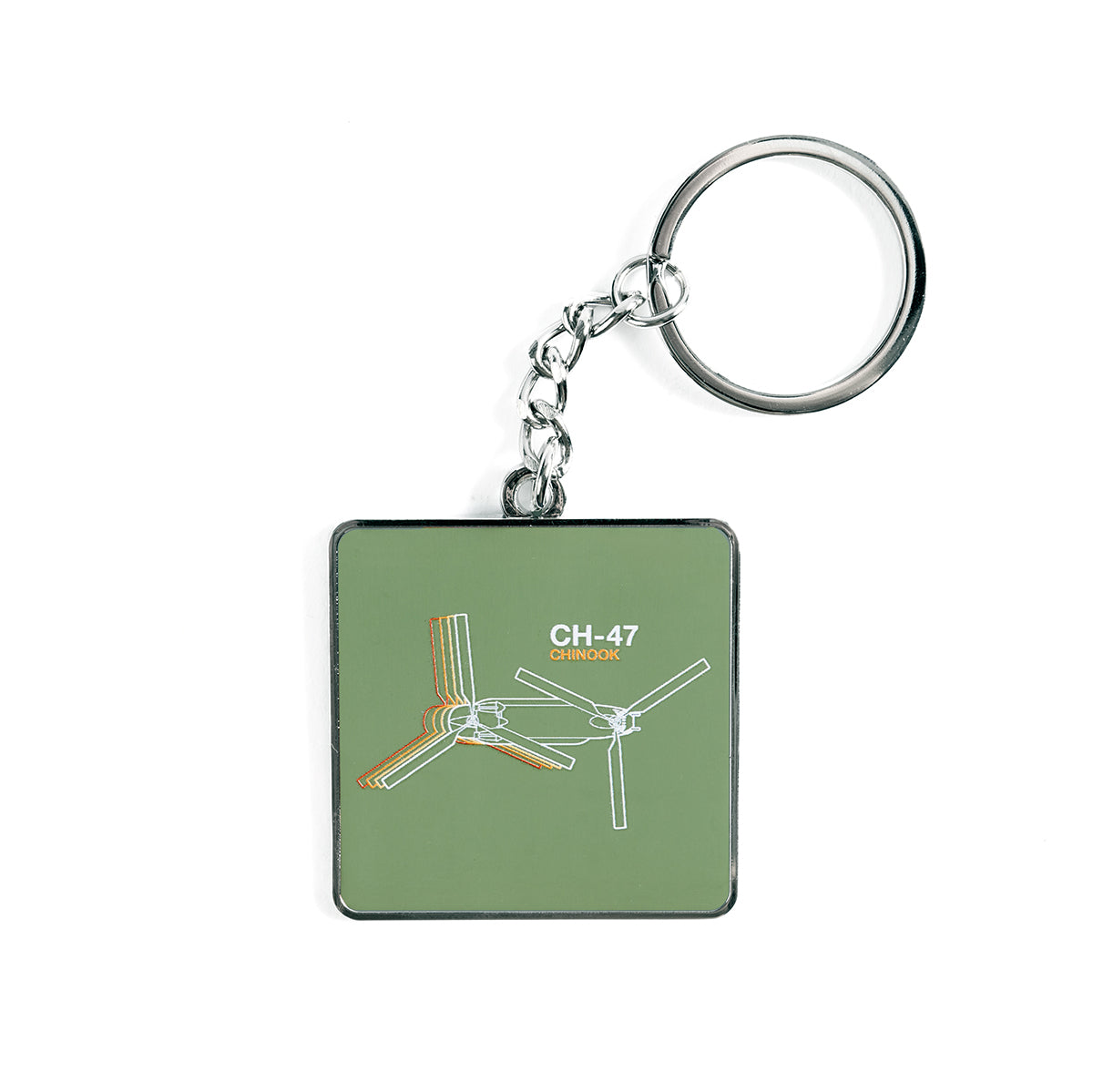 The Boeing CH-47 Chinook Motion Keychain from The Boeing Store features a square design with a metal chain ring and an aviation-inspired style. It has a green background, line drawings of rotor blades, and the text Boeing CH-47 Chinook in white and yellow.
