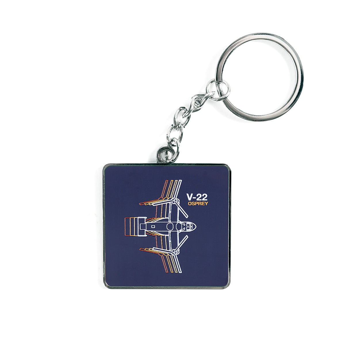 The Boeing Stores Boeing V-22 Osprey Motion Keychain features a sleek aerospace design with an orange and white technical line drawing of the aircraft on a dark blue square background, centered and attached to a silver ring and chain.