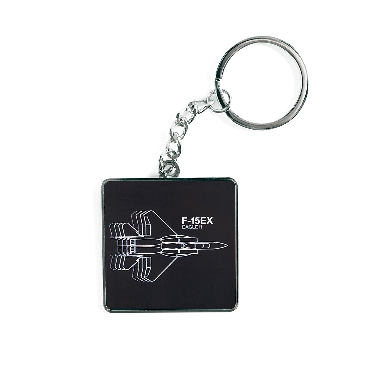 The Boeing F-15EX Eagle Motion Keychain from The Boeing Store features a white line drawing of the Boeing F-15EX Eagle II on a black background. It includes a durable metal chain and ring for secure attachment, highlighting its aerospace prowess.