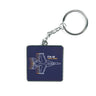 The Boeing Stores Boeing F/A-18 Super Hornet Motion Keychain features a square design with a technical line drawing of the jet in light blue and orange on a dark blue background, attached to a sleek silver chain and ring.