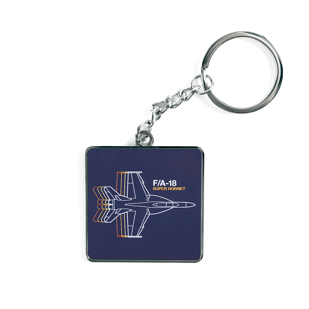 The Boeing Stores Boeing F/A-18 Super Hornet Motion Keychain features a square design with a technical line drawing of the jet in light blue and orange on a dark blue background, attached to a sleek silver chain and ring.