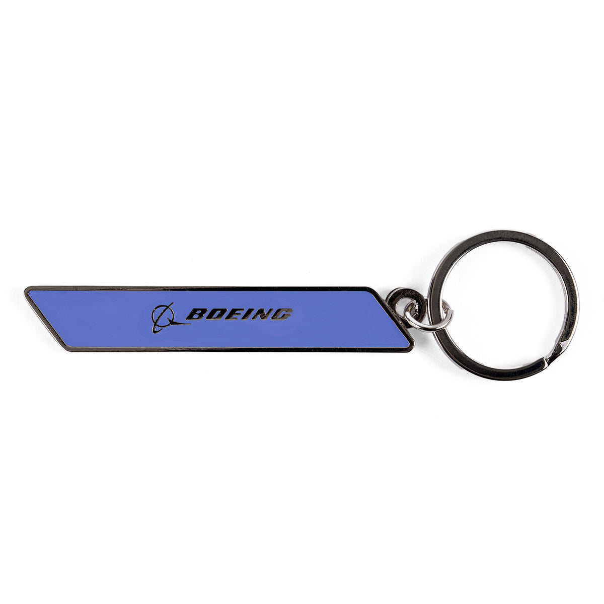 The Boeing 777X Velocity Keychain is a sleek, elongated blue accessory featuring the Boeing logo and celebrating aerospace innovation, with a sturdy round metal ring for keys.