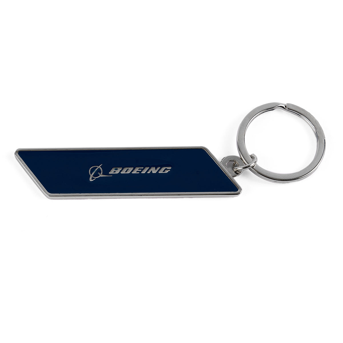 The Boeing 787 Dreamliner Velocity Keychain features a dark blue angular plate with the bold white Boeing logo and the word BOEING, paying homage to the 787 Dreamliner. Its attached to a circular silver keyring, all set against a plain white background.