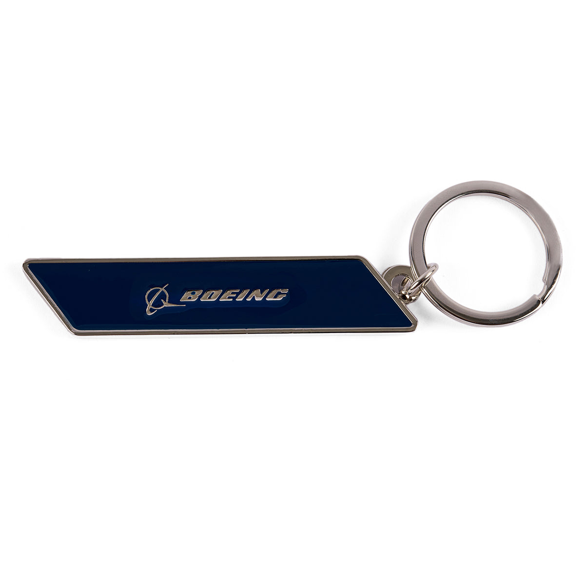 The Boeing F/A-18 Super Hornet Velocity Keychain features a navy blue background with the white Boeing logo and name, capturing aerospace innovations spirit. Its metal keyring securely echoes the Super Hornet legacy.
