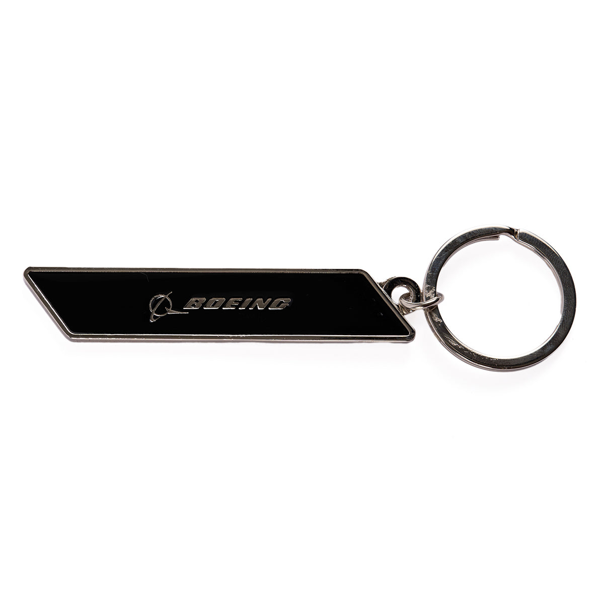 The Boeing CST-100 Starliner Velocity Keychain is a rectangular black keychain with a silver edge and the Boeing logo, symbolizing aerospace innovation. It features a sturdy metal loop for keys and pays homage to Boeings legacy and potentially the CST-100 Starliner.
