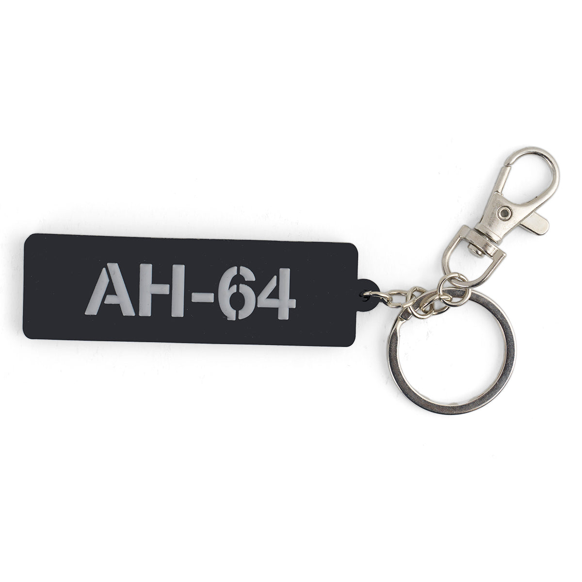 The BOEING AH-64 Apache Series Keychain is a black rectangular keychain with AH-64 cut out, attached to a metal key ring and clasp—perfect for aviation enthusiasts.