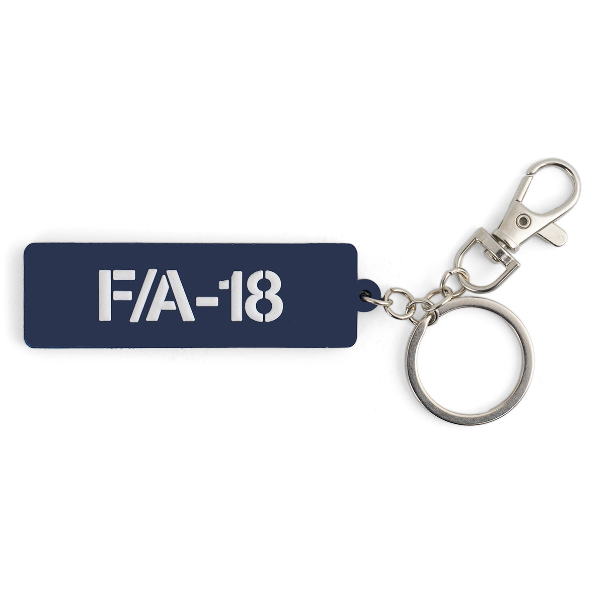 The BOEING F/A-18 Super Hornet Series Keychain is a navy blue rectangular accessory with FA-18 cut out, attached to a metal ring and silver clasp—ideal for aviation enthusiasts and Boeing fans.