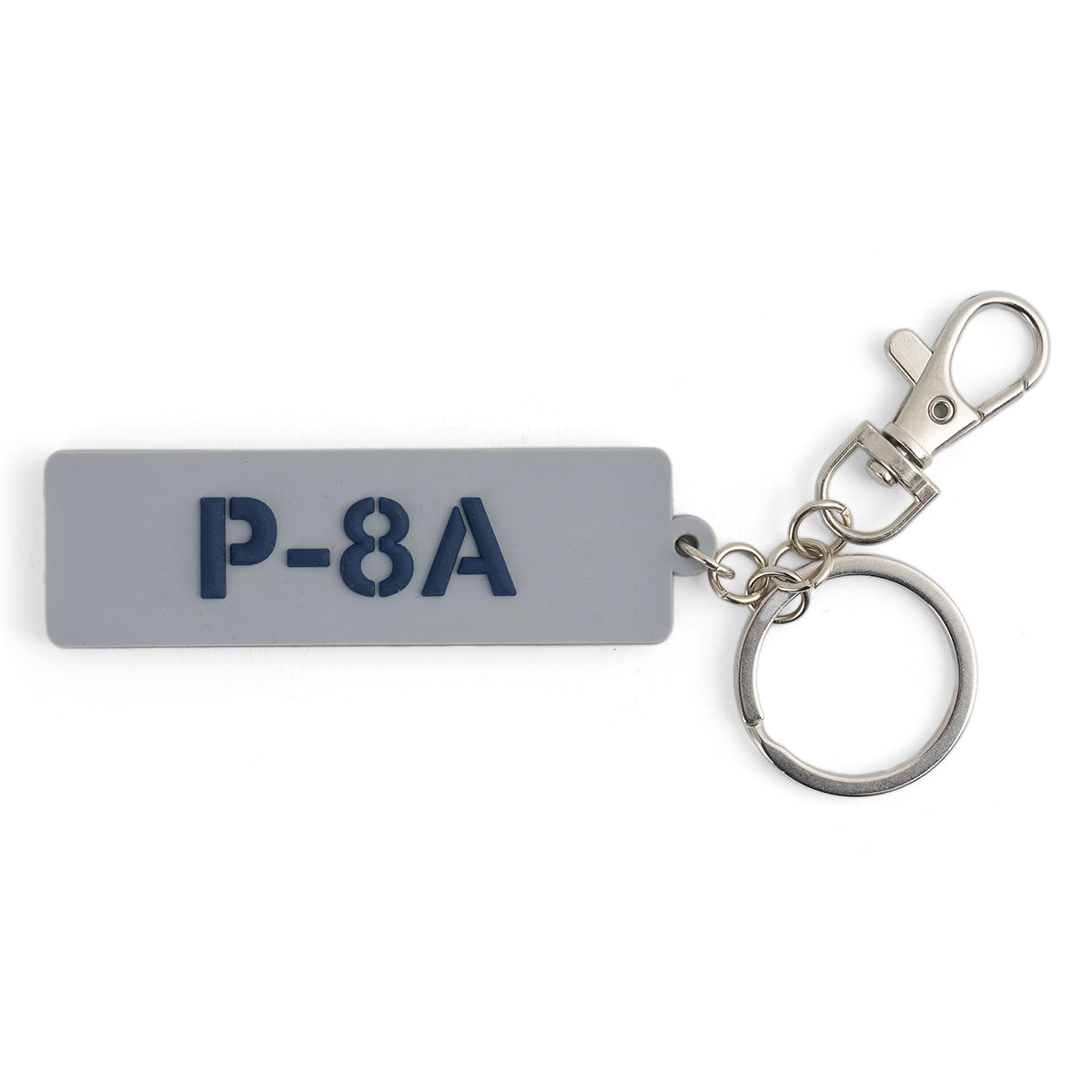 The Boeing P-8A Poseidon Series Keychain by BOEING is a gray PVC rectangular keychain with raised dark blue P-8A text, attached metal key ring, and lobster clasp—ideal for aviation enthusiasts.