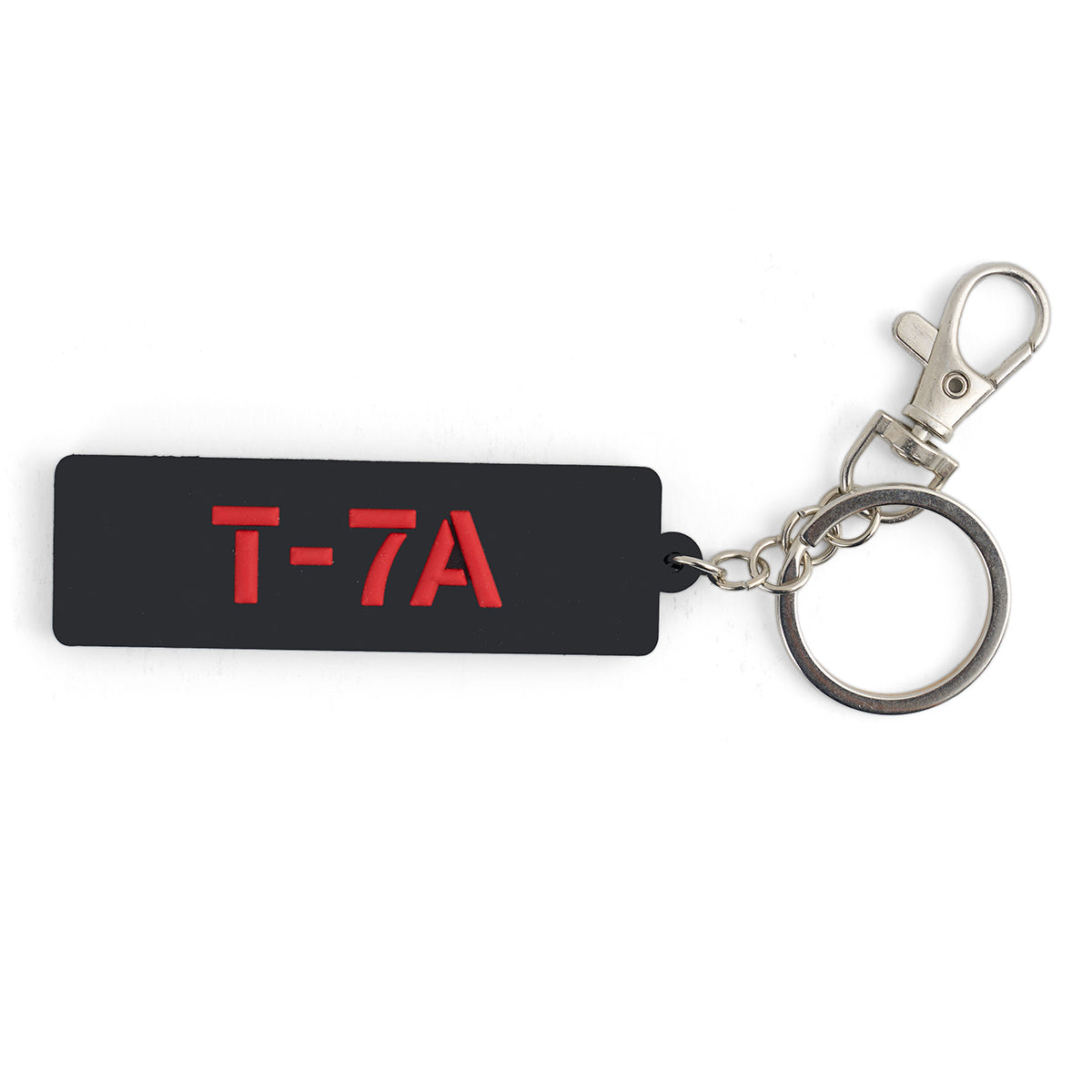 The BOEING T-7A Red Hawk Series Keychain is a black rectangular keychain with T-7A in red letters, attached to a metal ring and clasp—ideal for aviation enthusiasts and Boeing fans.