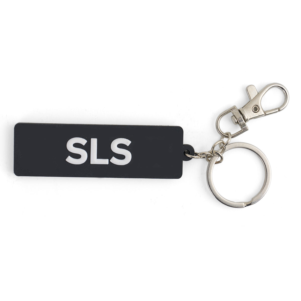 The BOEING Space Launch System Series Keychain features a black rectangular PVC design with white SLS lettering, a silver keyring, and metal clasp—an ideal accessory for aviation enthusiasts.