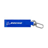 The Boeing Signature Strap Keychain by BOEING features a blue nylon strap with white logo and text, plus a metal keyring and carabiner clip.