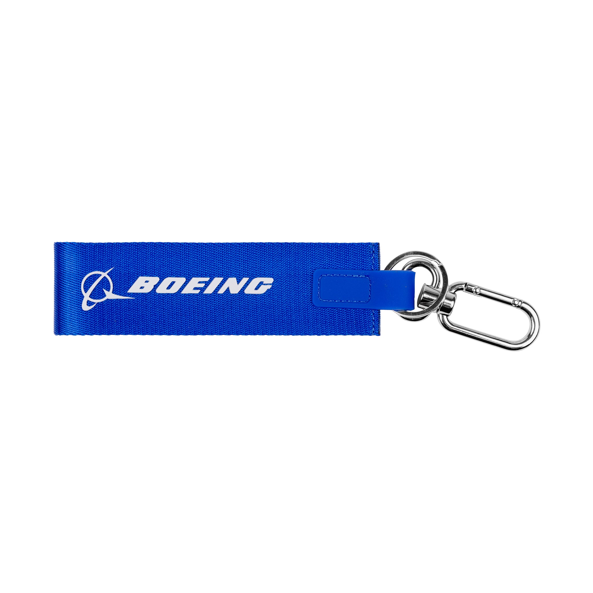 The Boeing Signature Strap Keychain by BOEING features a blue nylon strap with white logo and text, plus a metal keyring and carabiner clip.