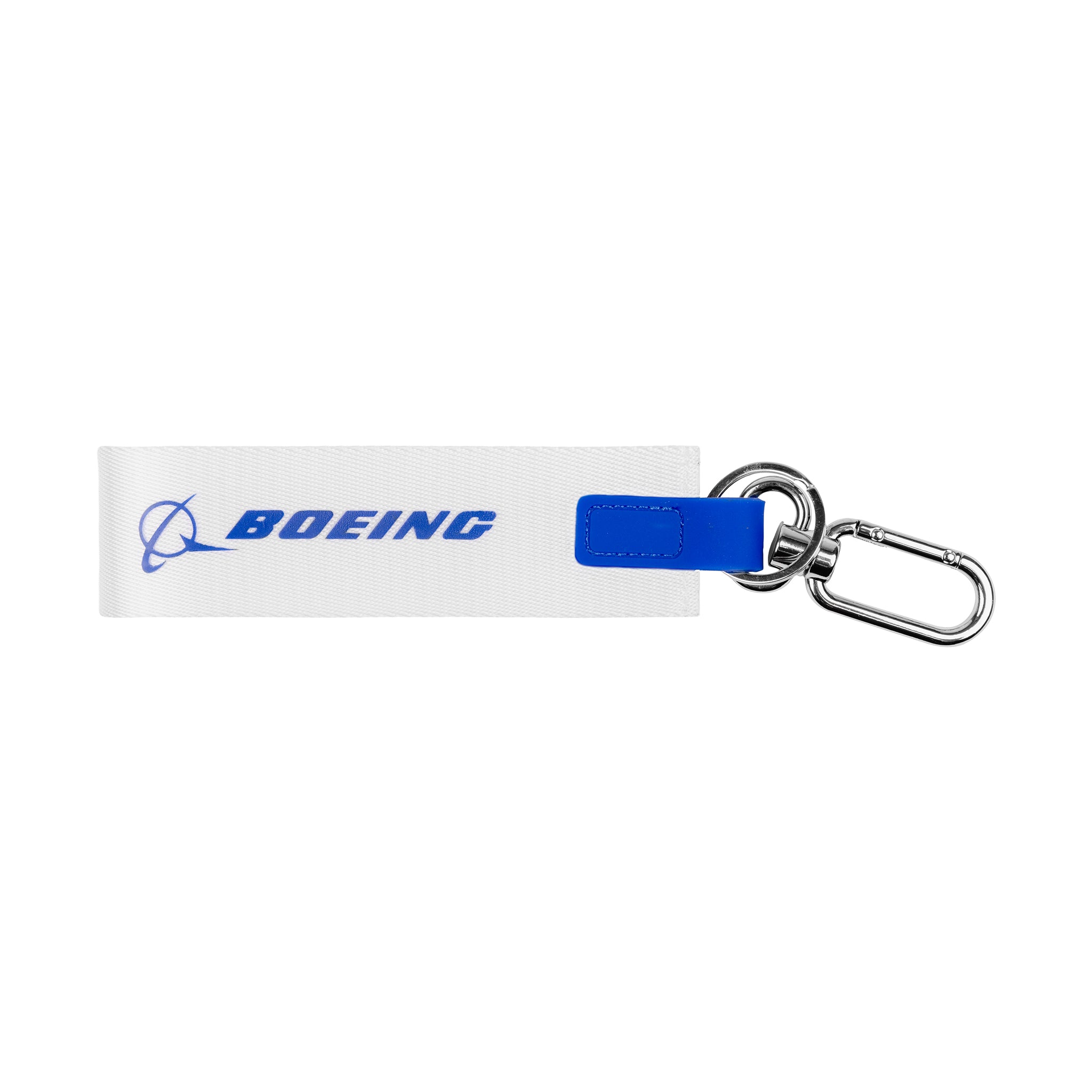 The Boeing Signature Strap Keychain by BOEING is a white nylon keystrap with a blue patch, metal key ring, carabiner, and features the BOEING logo and "BOEING" printed in blue.