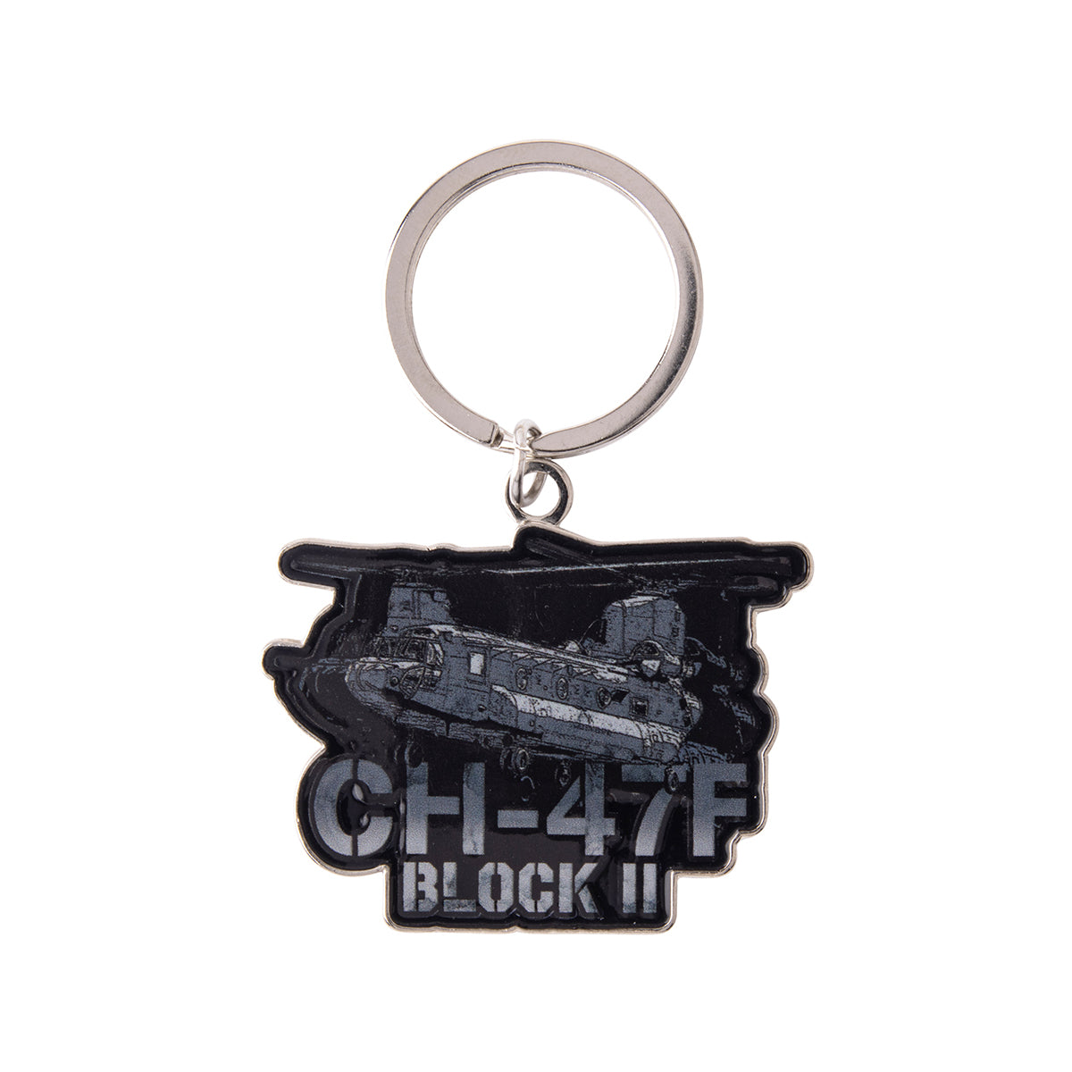 Boeing CH-47F Block II Graphic Keychain featuring a dual-rotor helicopter silhouette above the text CH-47F BLOCK II.