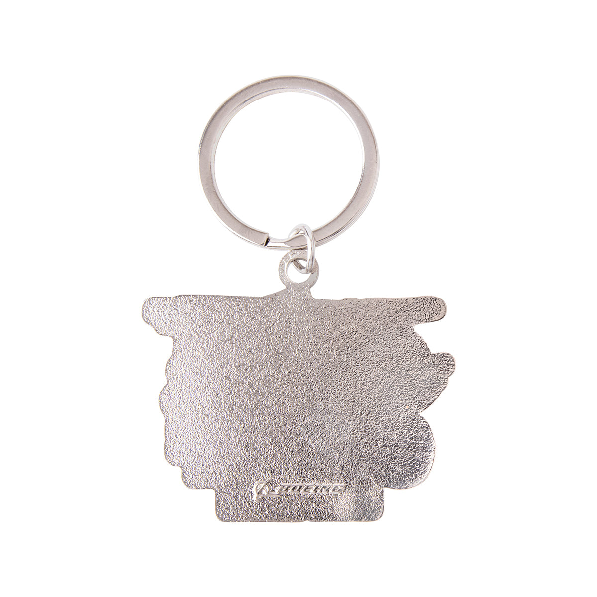 Silver-colored metal Boeing CH-47F Block II Graphic Keychain featuring a circular ring attached to a textured, irregularly shaped emblem.